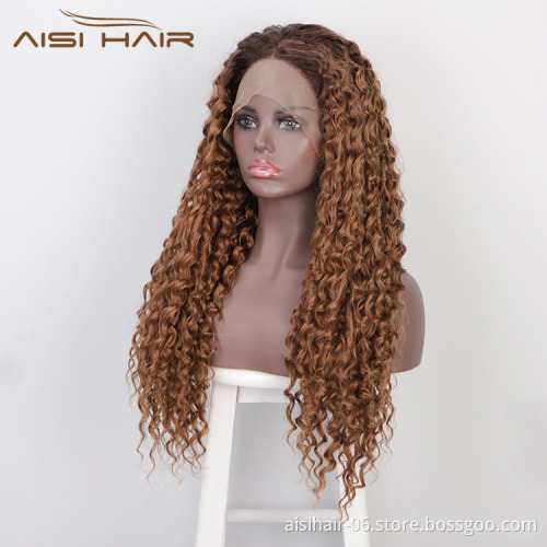 Aisi Hair New Design Long Wavy Ombre Brown Wig Afro Kinky Curly Swiss Lace Wig Curly Wave Lace Frontal Hair Wigs For Black Women